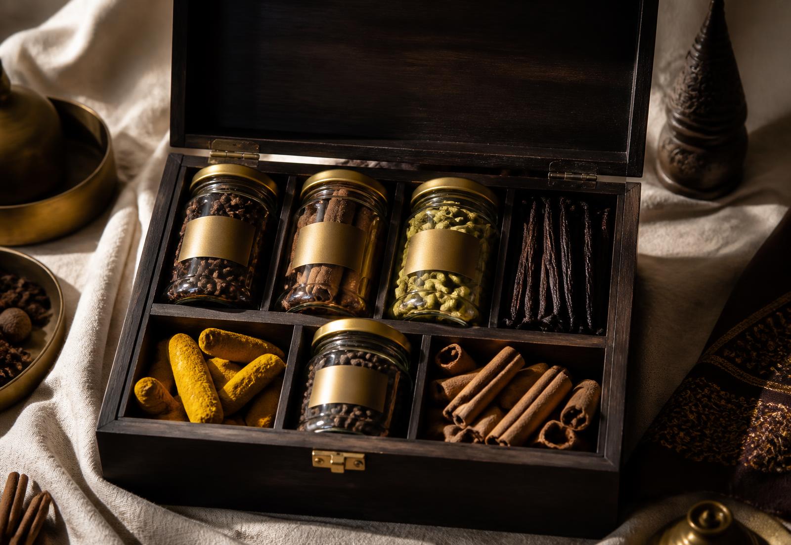 An open handcrafted ZAWADI wooden gift box revealing premium Zanzibar spices